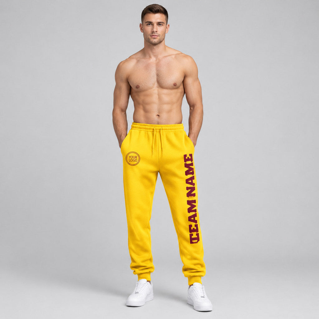 Custom Gold Fleece Jogger Sweatpants with Crimson Accents worn by male model