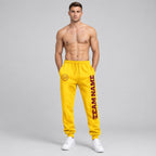 Custom Gold Fleece Jogger Sweatpants with Crimson Accents worn by male model