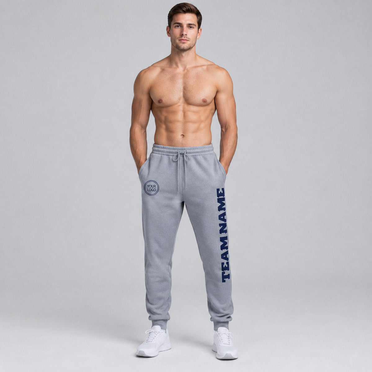 Custom Gray Fleece Jogger Sweatpants with Navy Accents worn by male model