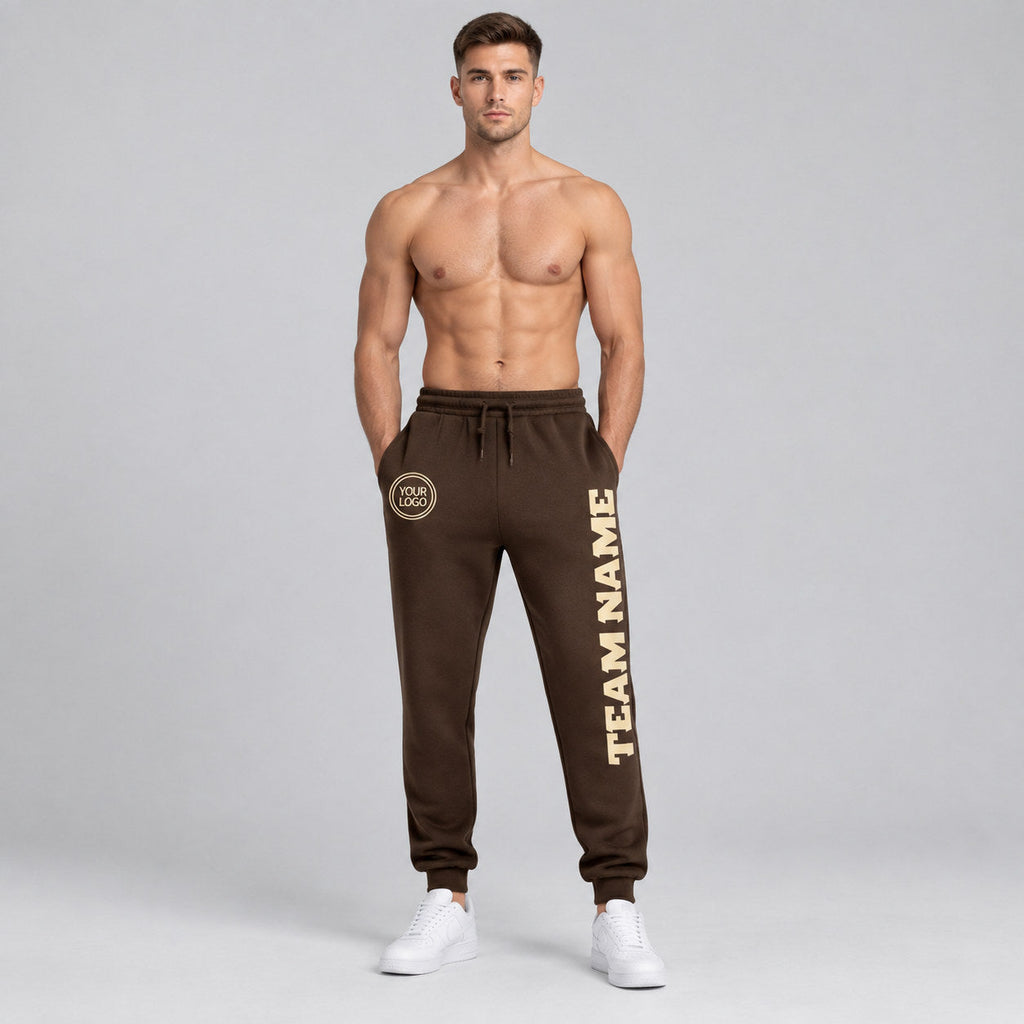 Custom Brown Fleece Jogger Sweatpants with Cream Accents worn by male model