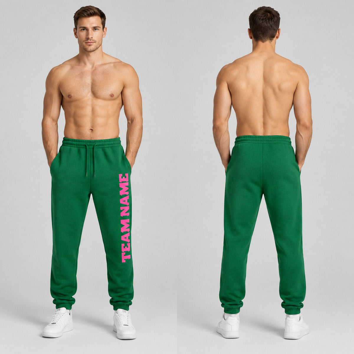 Custom Kelly Green Fleece Jogger Sweatpants with Pink Accents worn by male model