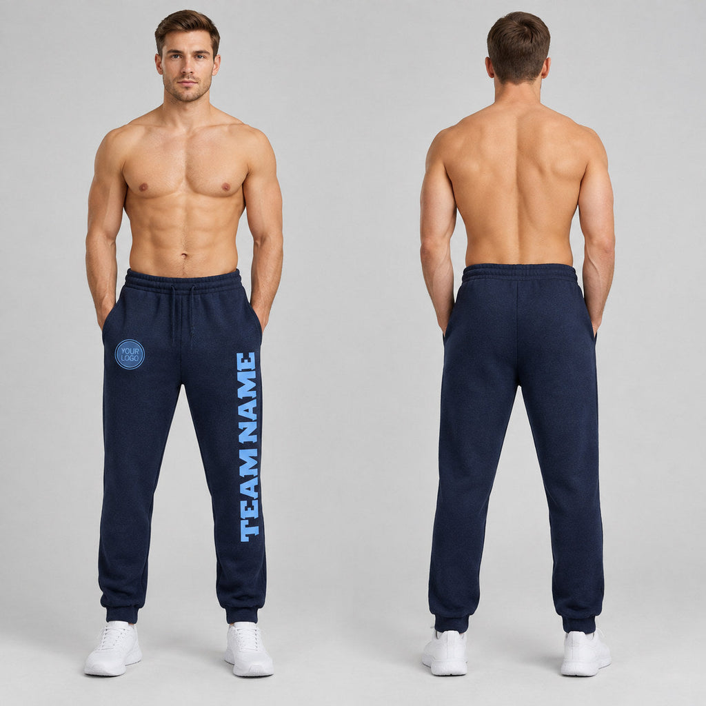 Custom Navy Fleece Jogger Sweatpants with Light Blue Accents worn by male model