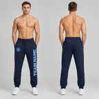 Custom Navy Fleece Jogger Sweatpants with Light Blue Accents worn by male model