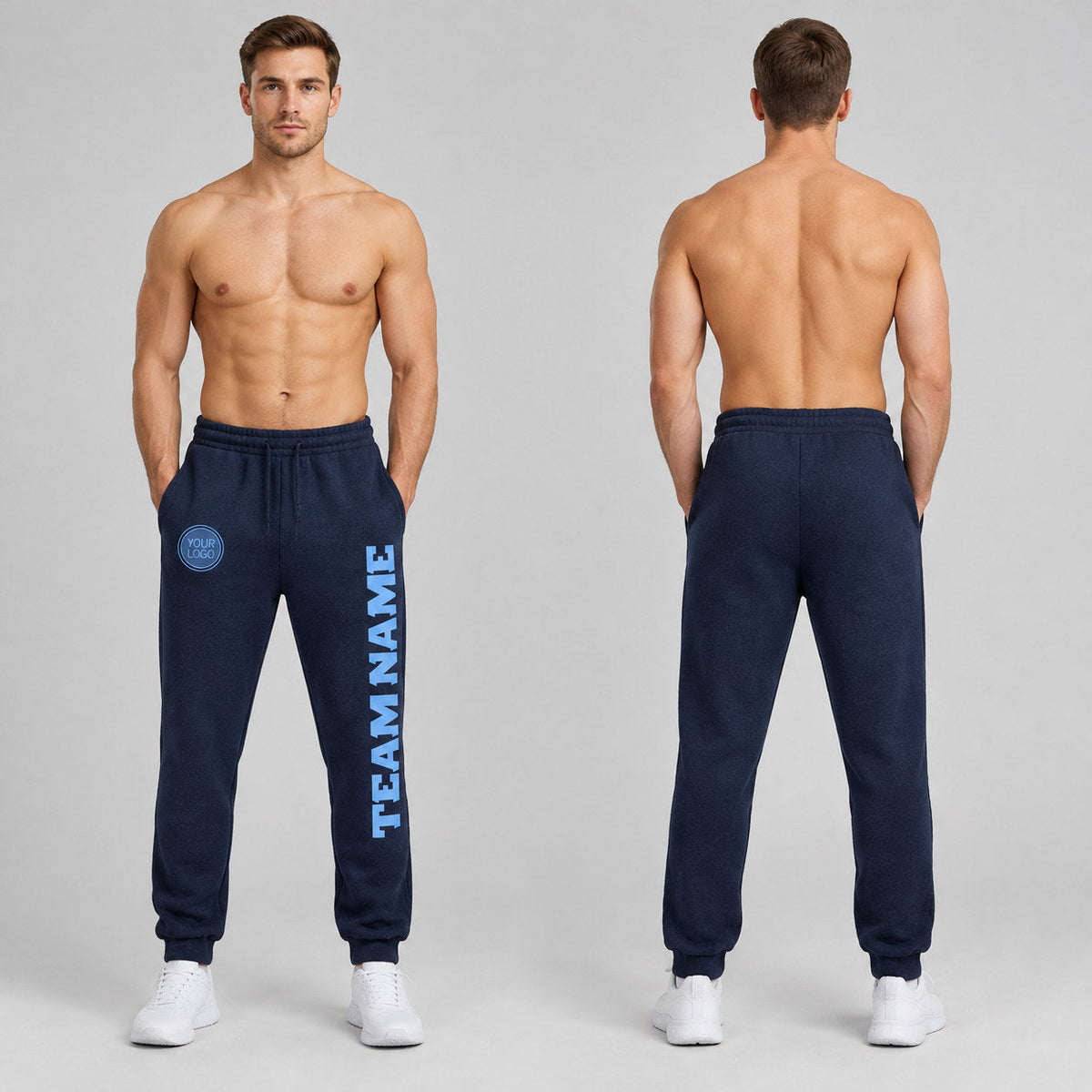 Custom Navy Fleece Jogger Sweatpants with Light Blue Accents worn by male model
