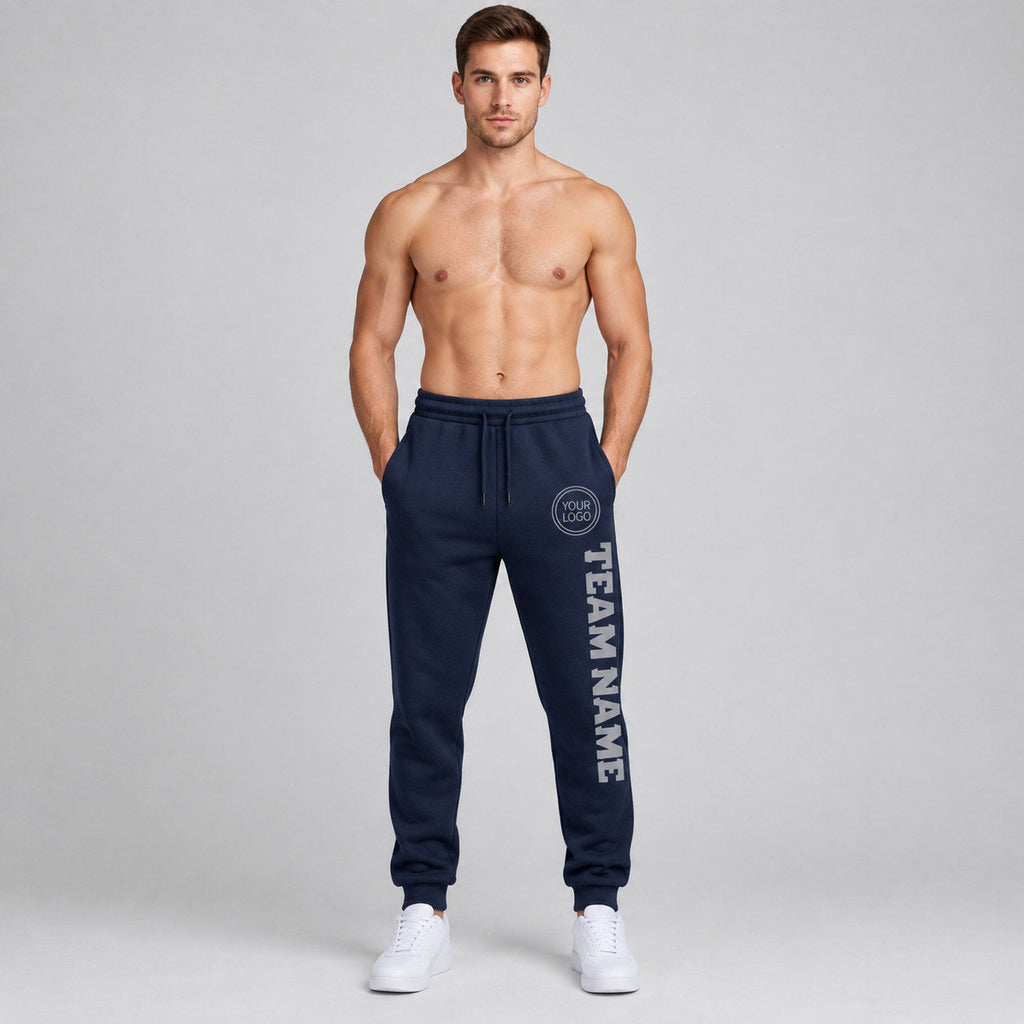 Custom Navy Fleece Jogger Sweatpants with Gray Accents worn by male model