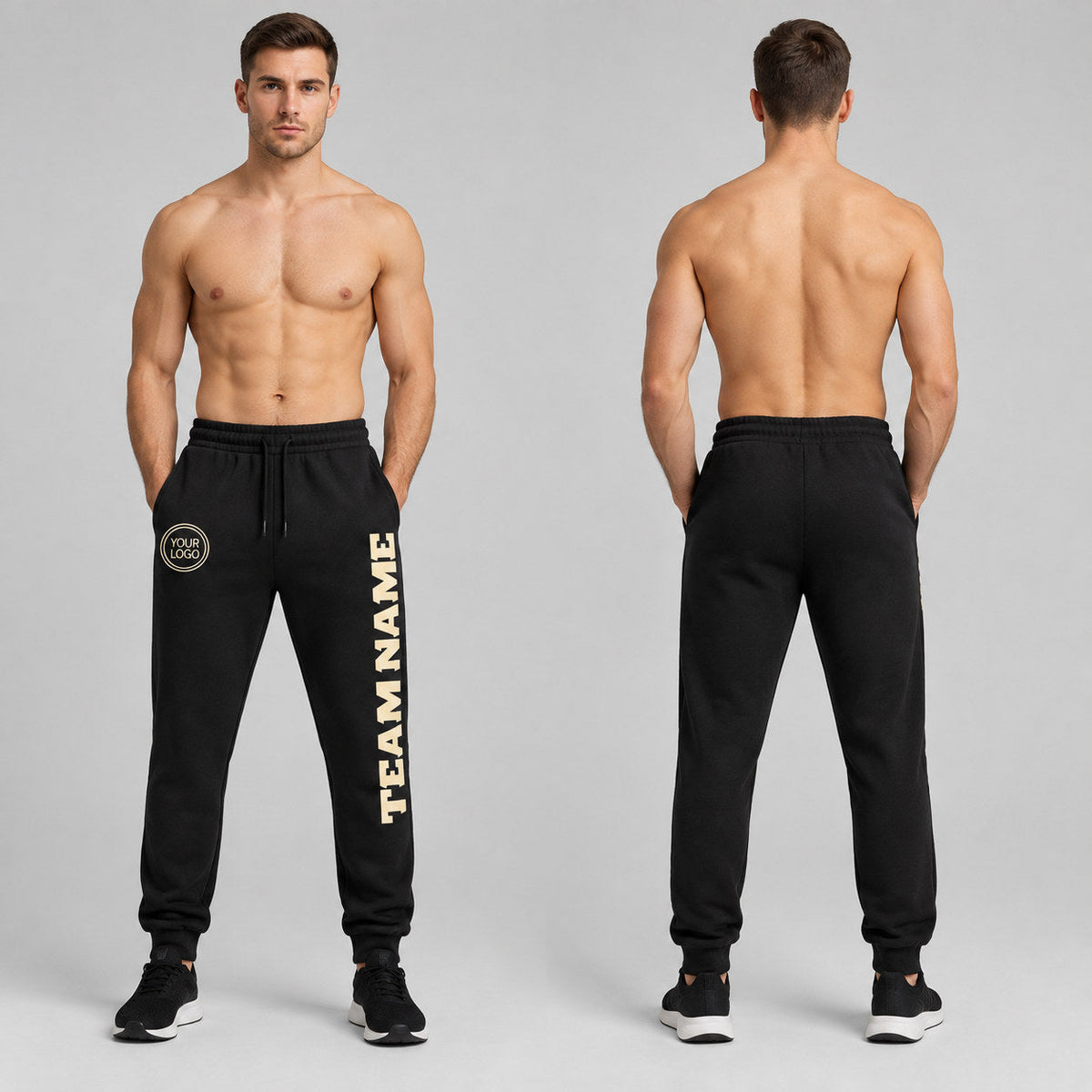 Custom Black Fleece Jogger Sweatpants with Cream Accents worn by male model