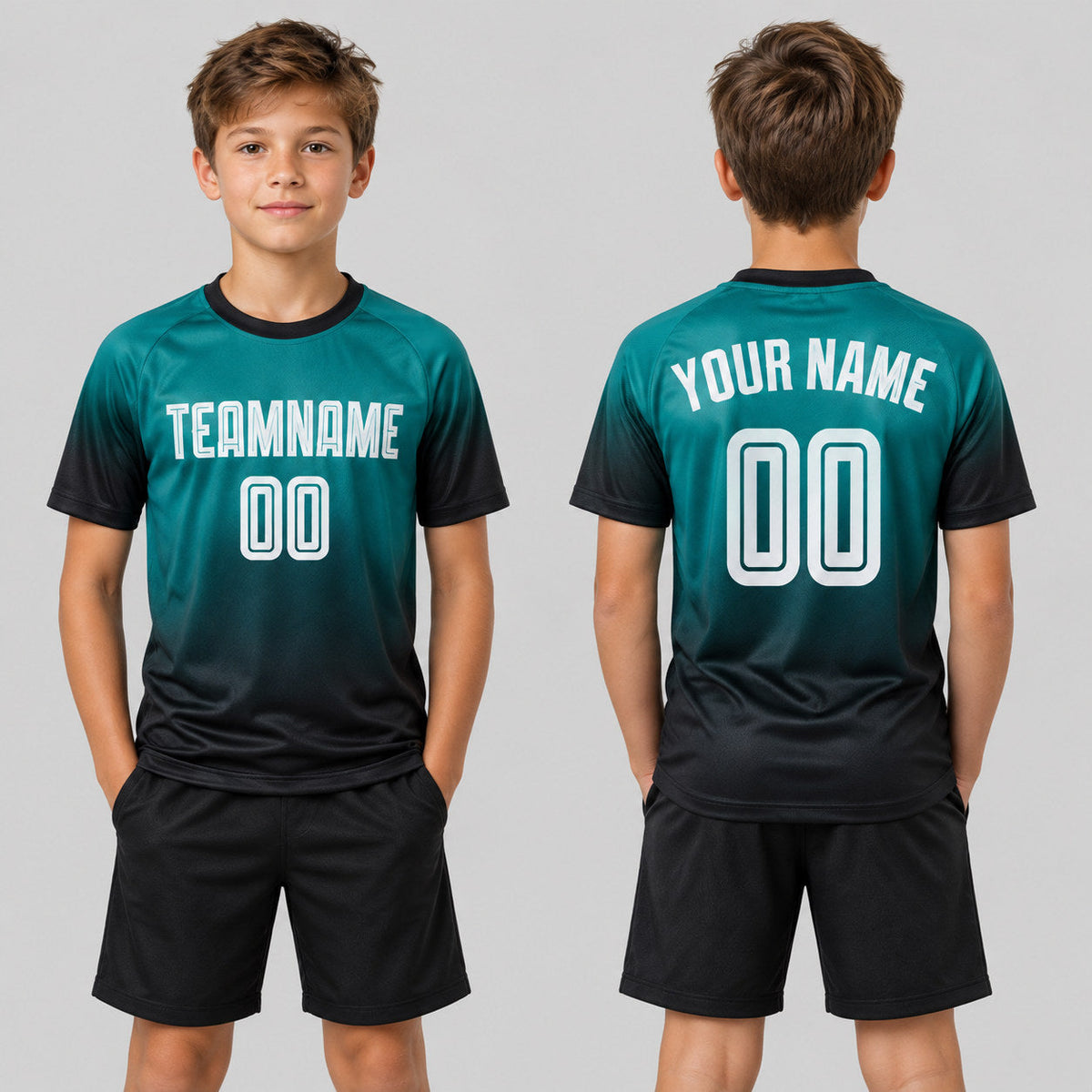 Custom Aqua Fade Sublimated Soccer Jersey with White and Black Lettering youth size worn by child model