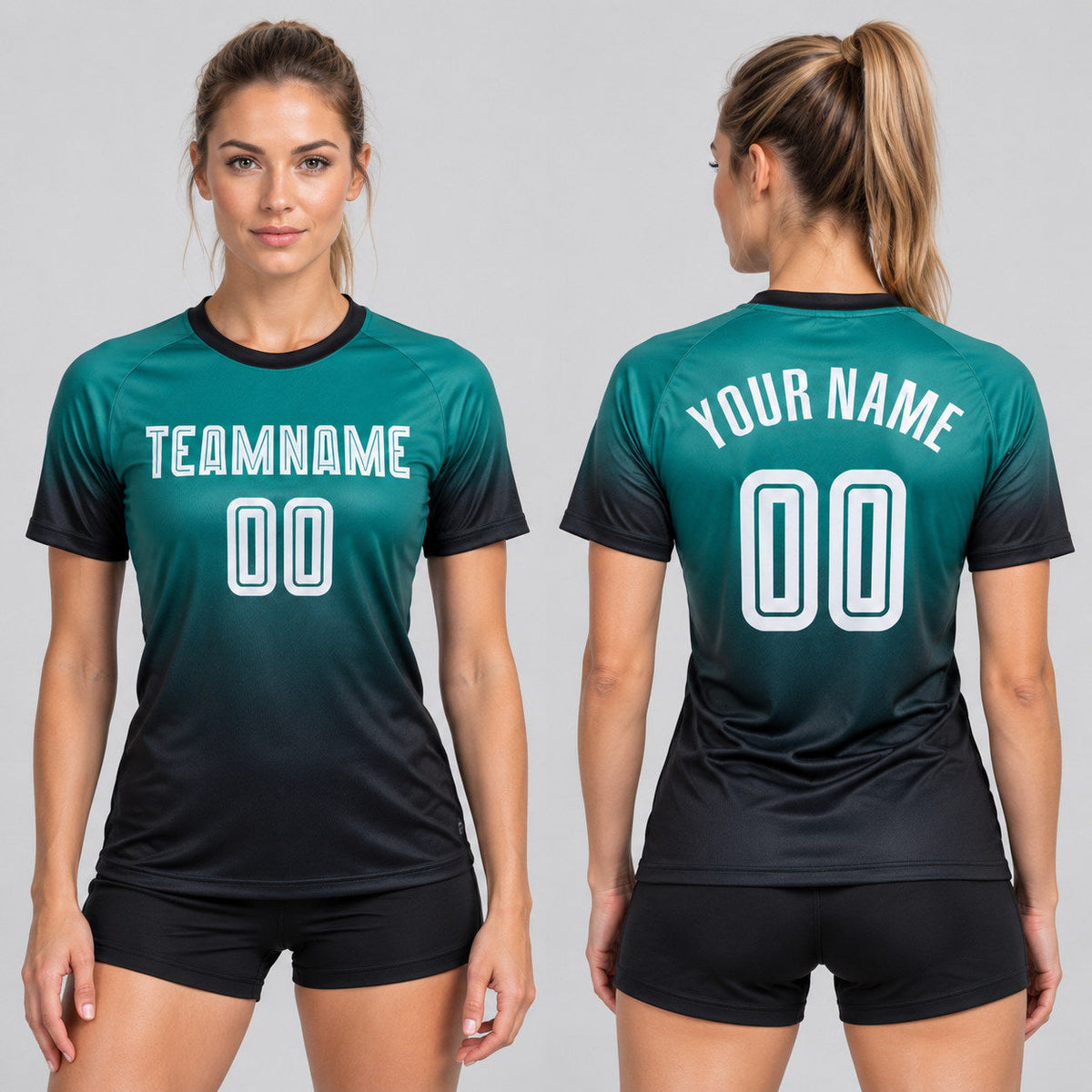 Custom Aqua Fade Sublimated Soccer Jersey with White and Black Lettering worn by female model
