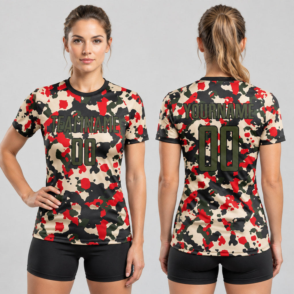 Custom Olive and Black Camo Salute To Service Sublimated Soccer Jersey Design 0216 worn by female model