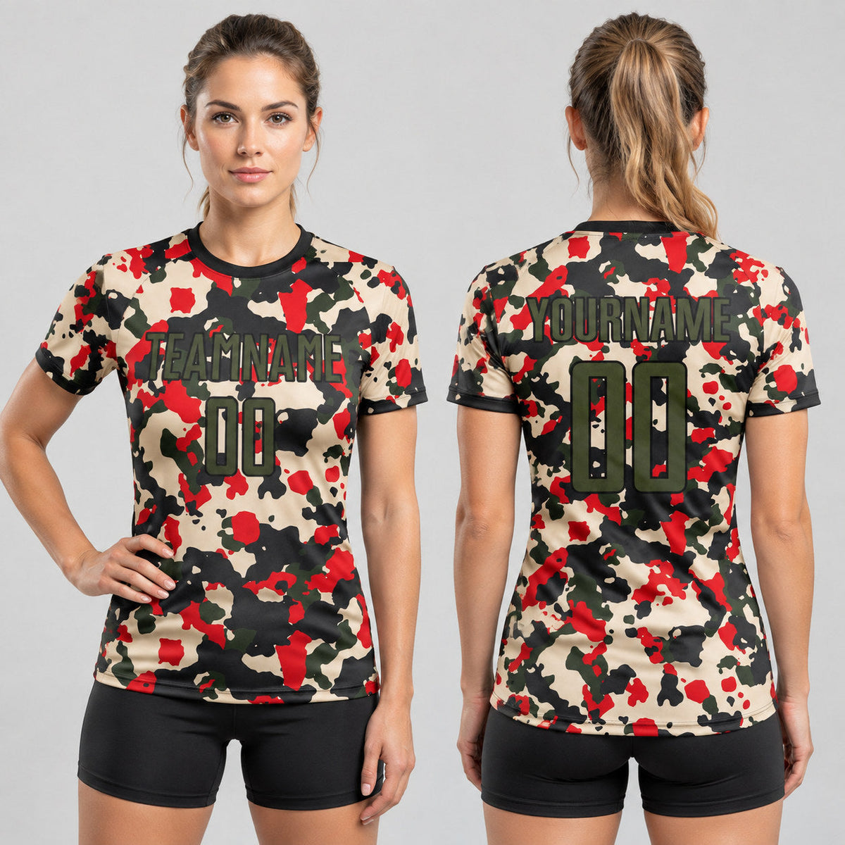 Custom Olive and Black Camo Salute To Service Sublimated Soccer Jersey Design 0216 worn by female model