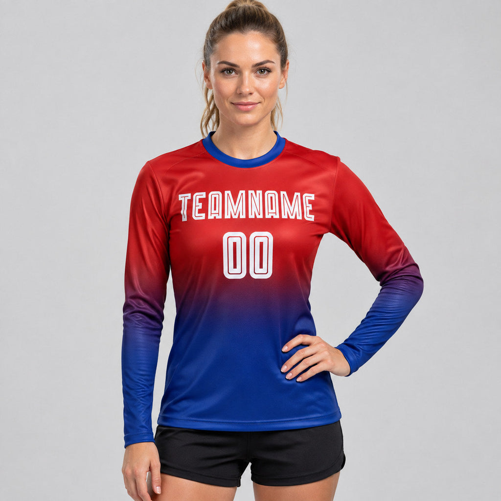 Custom Red Fade Long Sleeve Sublimated Soccer Jersey with White and Royal Lettering worn by female model