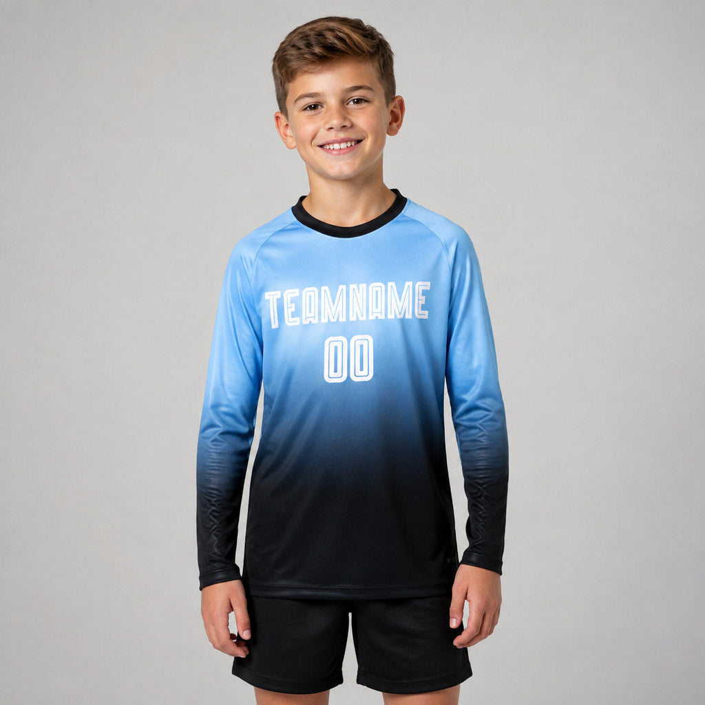 Custom Light Blue Fade Long Sleeve Sublimated Soccer Jersey with White and Black Lettering youth size worn by child model