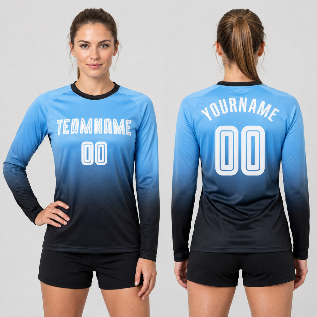 Custom Light Blue Fade Long Sleeve Sublimated Soccer Jersey with White and Black Lettering worn by female model