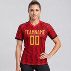 Custom Red Sublimated Soccer Jersey with Gold Lettering Design 0220 worn by female model
