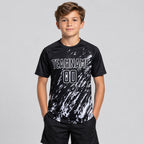 Custom Black Sublimated Soccer Jersey with White Lettering Design 0963 youth size worn by child model