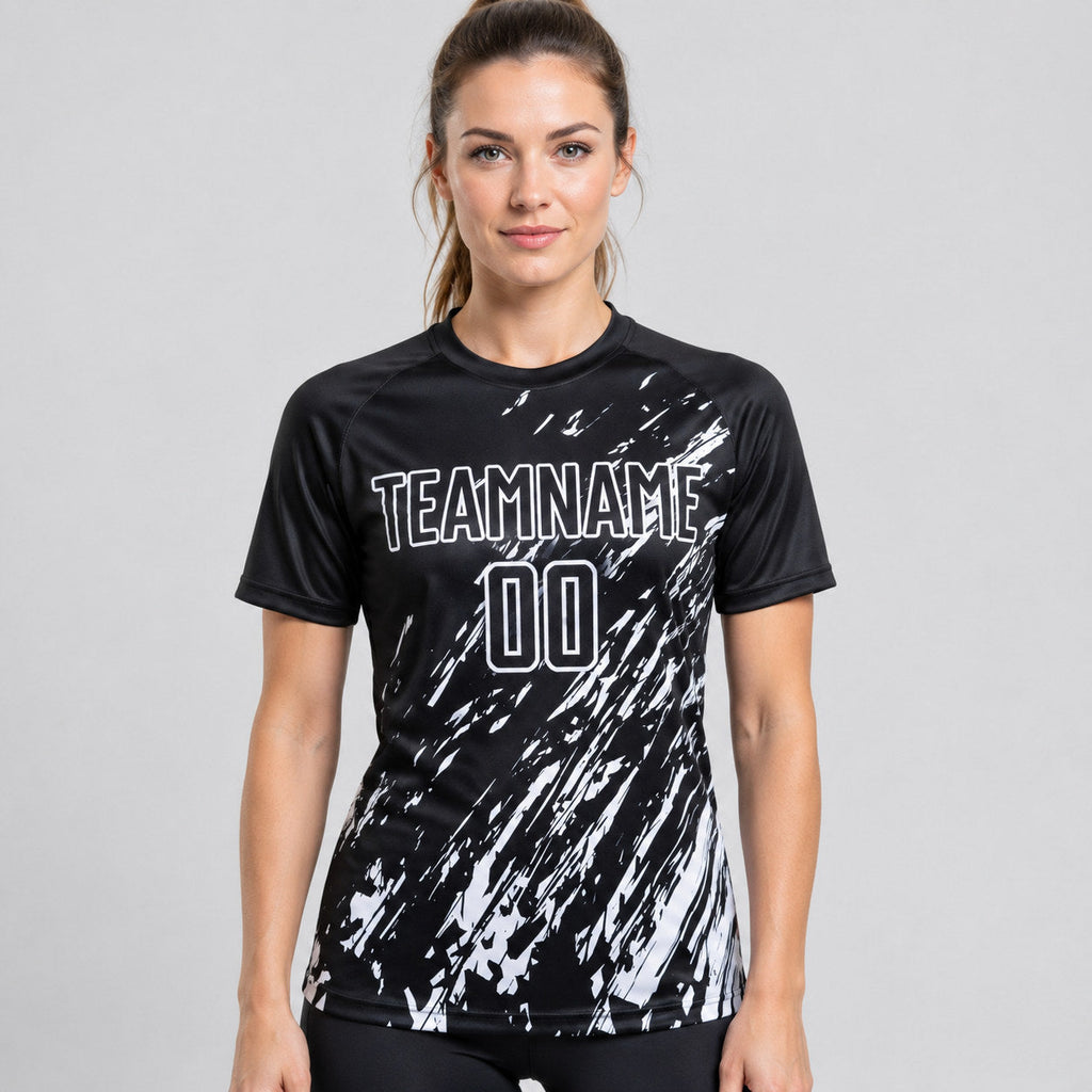 Custom Black Sublimated Soccer Jersey with White Lettering Design 0963 worn by female model