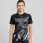 Custom Black Sublimated Soccer Jersey with White Lettering Design 0963 worn by female model
