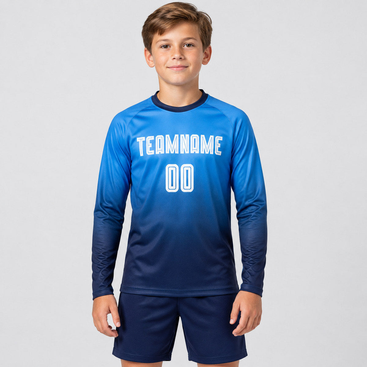 Custom Powder Blue Fade Long Sleeve Sublimated Soccer Jersey with White and Navy Lettering youth size worn by child model
