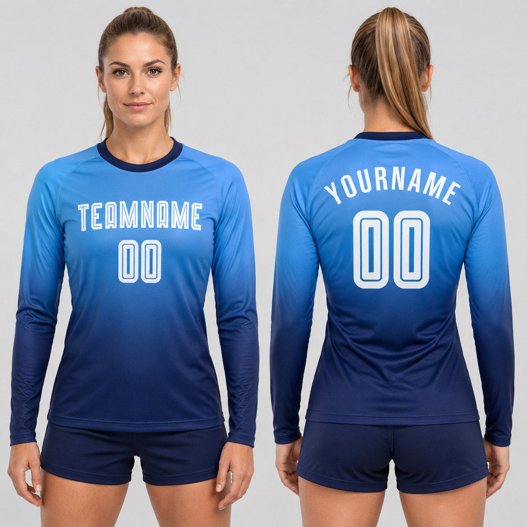 Custom Powder Blue Fade Long Sleeve Sublimated Soccer Jersey with White and Navy Lettering worn by female model
