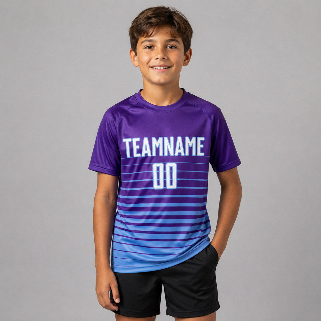 Custom Purple Fade Pinstripe Sublimated Soccer Jersey with White and Light Blue Lettering youth size worn by child model