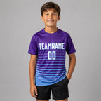 Custom Purple Fade Pinstripe Sublimated Soccer Jersey with White and Light Blue Lettering youth size worn by child model