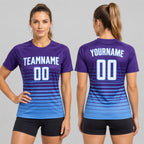 Custom Purple Fade Pinstripe Sublimated Soccer Jersey with White and Light Blue Lettering worn by female model