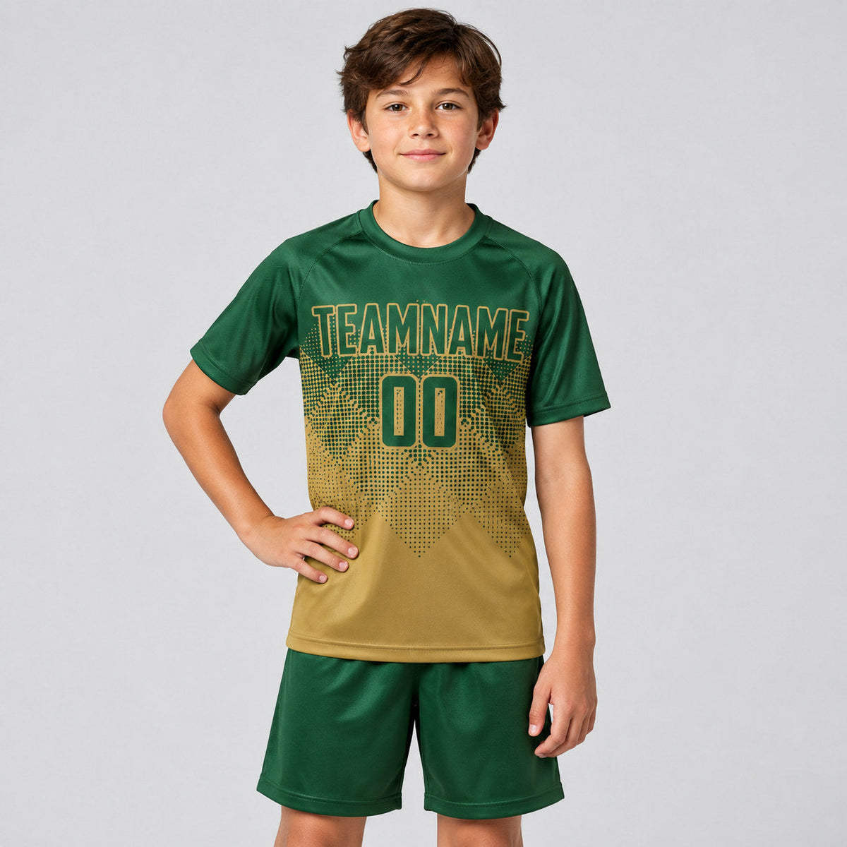 Custom Old Gold Sublimated Soccer Jersey with Green Lettering youth size worn by child model