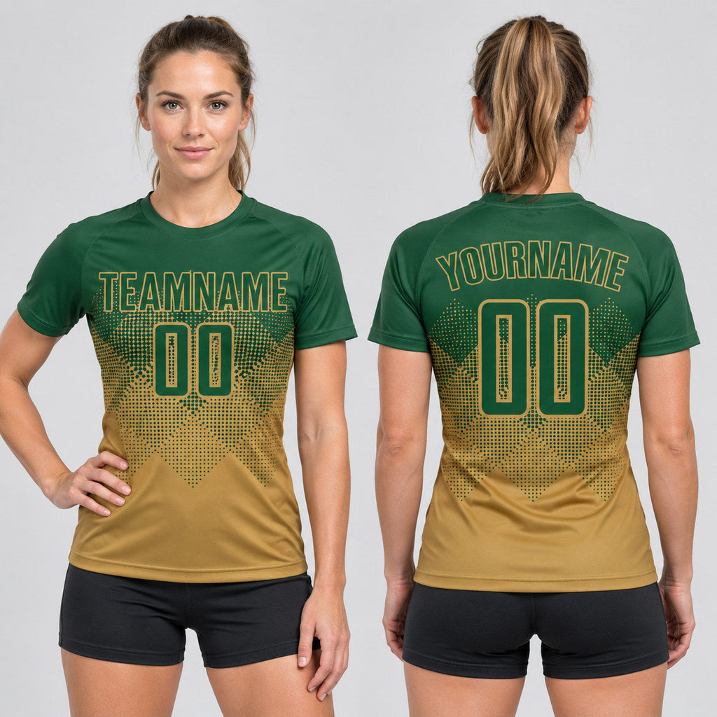 Custom Old Gold Sublimated Soccer Jersey with Green Lettering worn by female model