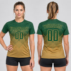 Custom Old Gold Sublimated Soccer Jersey with Green Lettering worn by female model