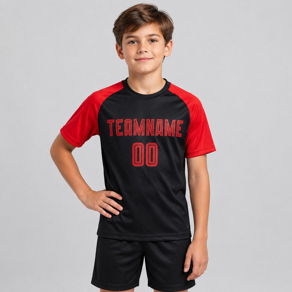 Custom Black Sublimated Soccer Jersey with Red Lettering Design 0051 youth size worn by child model