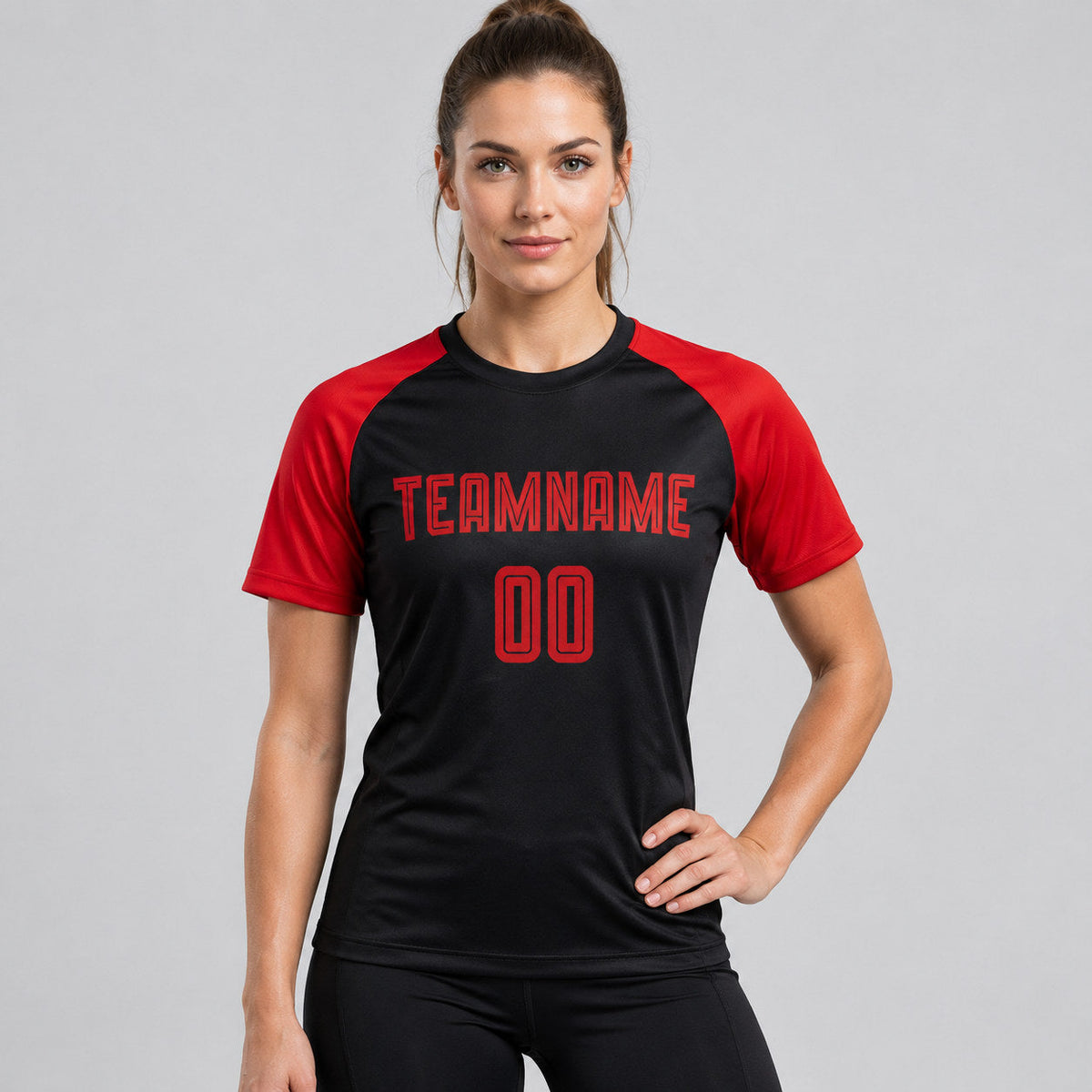 Custom Black Sublimated Soccer Jersey with Red Lettering Design 0051 worn by female model