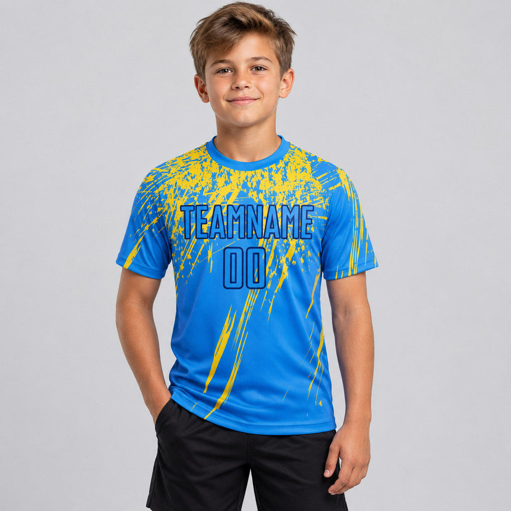 Custom Powder Blue Sublimated Soccer Jersey with Yellow and Navy Lettering youth size worn by child model
