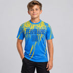 Custom Powder Blue Sublimated Soccer Jersey with Yellow and Navy Lettering youth size worn by child model