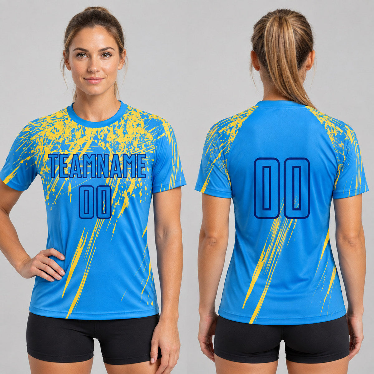 Custom Powder Blue Sublimated Soccer Jersey with Yellow and Navy Lettering worn by female model