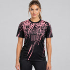 Custom Black Sublimated Soccer Jersey with Medium Pink Lettering worn by female model