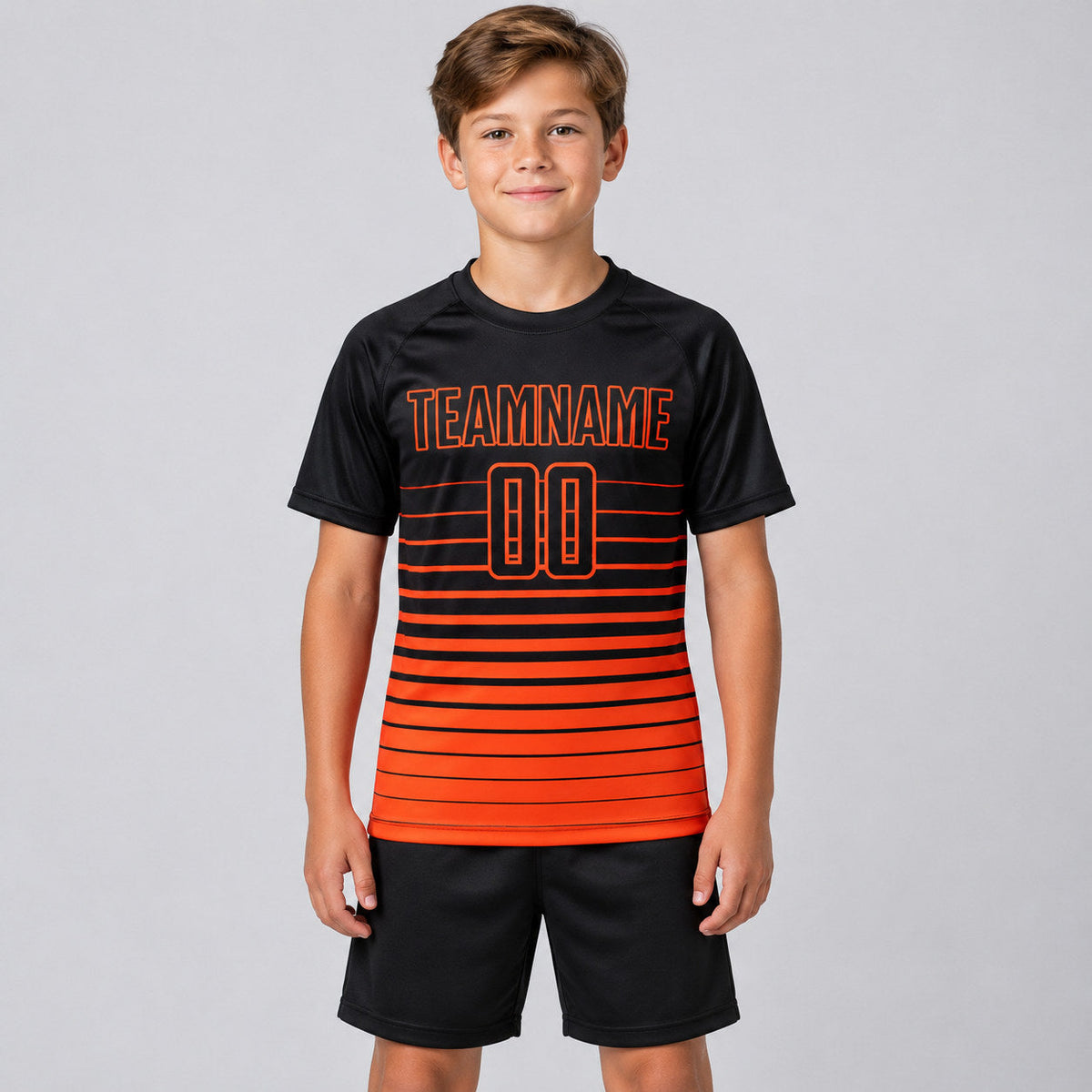 Custom Black Fade Pinstripe Sublimated Soccer Jersey with Orange Lettering youth size worn by child model