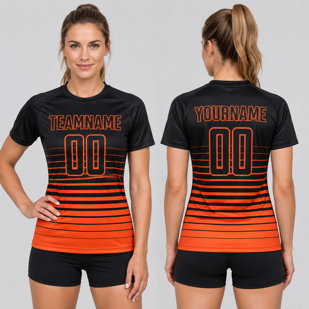 Custom Black Fade Pinstripe Sublimated Soccer Jersey with Orange Lettering worn by female model