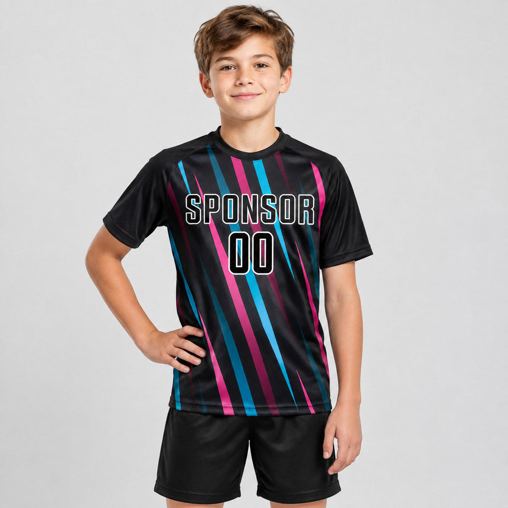 Custom Black Sublimated Soccer Jersey with Light Blue and Pink Lettering Design 0520 youth size worn by child model