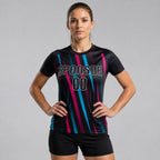Custom Black Sublimated Soccer Jersey with Light Blue and Pink Lettering Design 0520 worn by female model