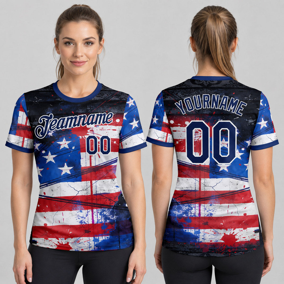 Custom Red and Navy Blue USA Flag Splash Soccer T-Shirt with Black and White Lettering worn by female model