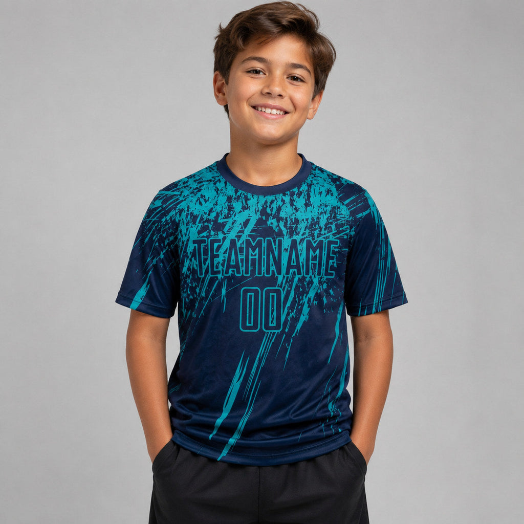 Custom Navy Sublimated Soccer Jersey with Teal Lettering youth size worn by child model
