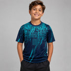 Custom Navy Sublimated Soccer Jersey with Teal Lettering youth size worn by child model