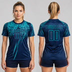 Custom Navy Sublimated Soccer Jersey with Teal Lettering worn by female model