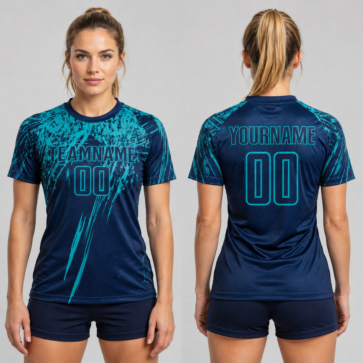 Custom Navy Sublimated Soccer Jersey with Teal Lettering worn by female model