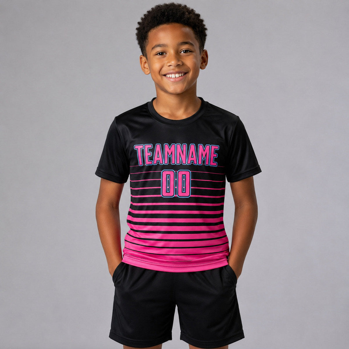 Custom Black Fade Pinstripe Sublimated Soccer Jersey with Pink and Light Blue Lettering youth size worn by child model