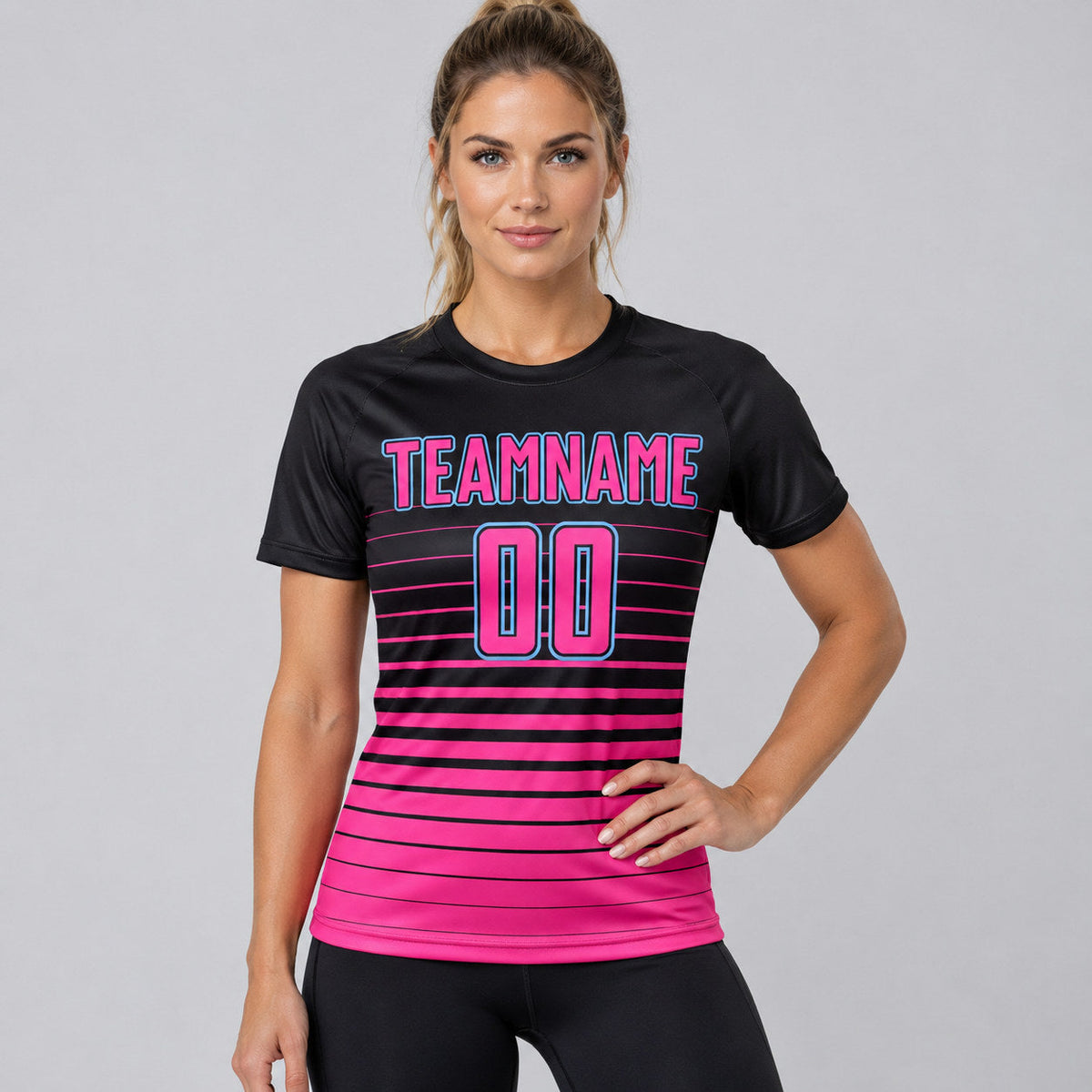 Custom Black Fade Pinstripe Sublimated Soccer Jersey with Pink and Light Blue Lettering worn by female model