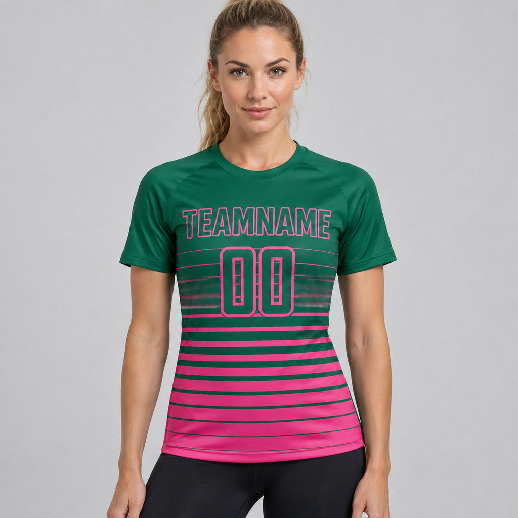 Custom Kelly Green Fade Pinstripe Sublimated Soccer Jersey with Pink Lettering worn by female model