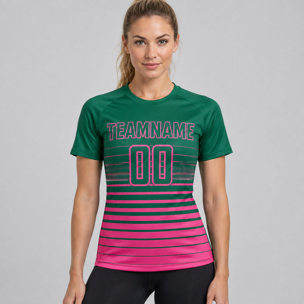 Custom Kelly Green Fade Pinstripe Sublimated Soccer Jersey with Pink Lettering worn by female model
