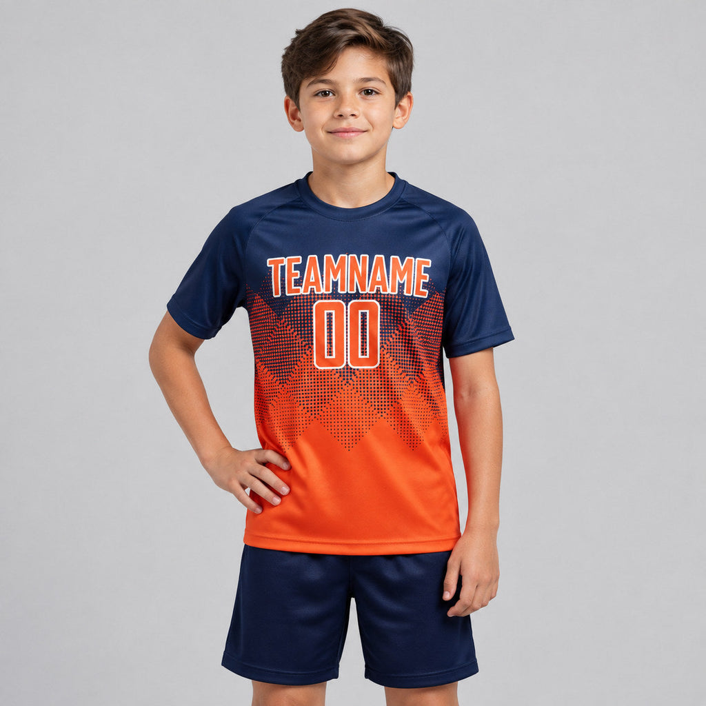 Custom Navy Sublimated Soccer Jersey with Orange and White Lettering youth size worn by child model