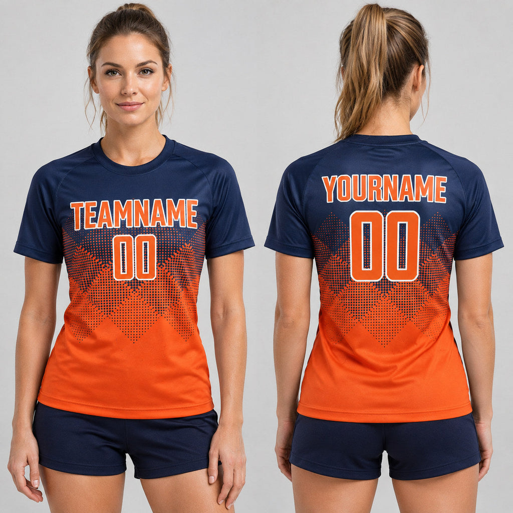 Custom Navy Sublimated Soccer Jersey with Orange and White Lettering worn by female model